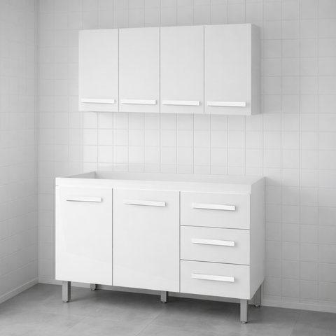 Balcão de Pia 120cm Bianca com Armário Suspenso para Cozinha Mara - Moblis