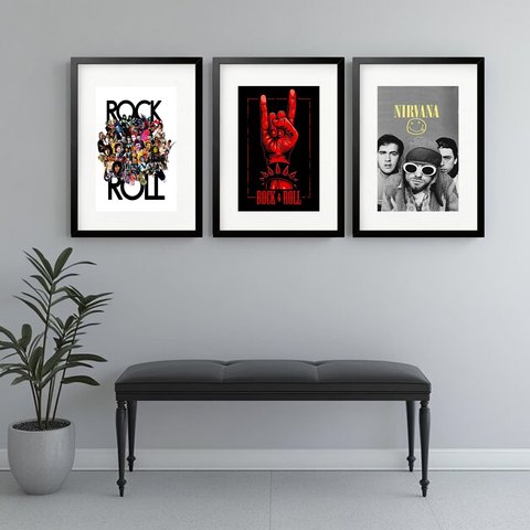 Kit 3 Quadros Grandes Nirvana Rock & Roll - 60x48cm:moldura Preta
