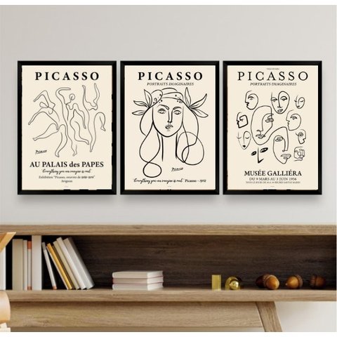 Kit 3 Quadros Minimalistas Posters De picasso 24x18cm - com Vidro:madeira Branca