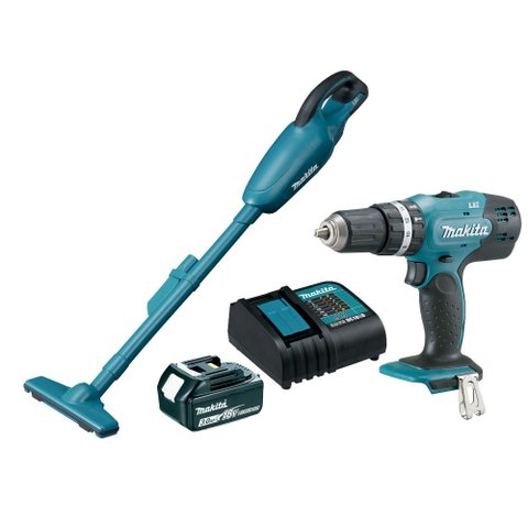 Kit Parafusadeira/Furadeira Makita + Aspirador de Pó 18V com Carregador e Bateria Bivolt KITDHP453+D