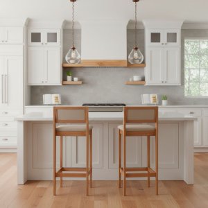 Kit 2 Banquetas Assento Encosto Estofado em Linho Hellen:mel com Palha