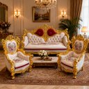 Ver imagem 2 de Jogo de Sofá Clássico com Par de Poltronas Bege com Marsala e Dourado 139x218x74cm e 130x95x75cm