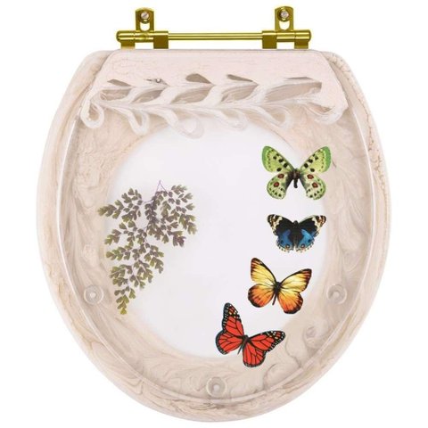 Assento Sanitário Poliester Oval Bege Claro Decorado Borboletas com Ferragem Dourada