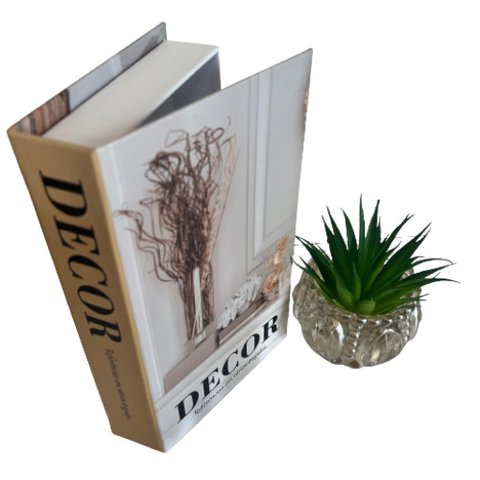 Livro de papelão 'Decor' e vaso de vidro trabalhado âmbar