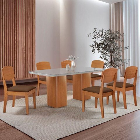 Mesa de Jantar Eloise 180cm Tampo Mdf 6 Cadeiras Moderna Veludo Marrom/nat/off/serig. Off