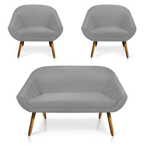 Kit 01 Namoradeira 02 Lugares e 02 Poltronas Giovana Suede Castanho Cinza