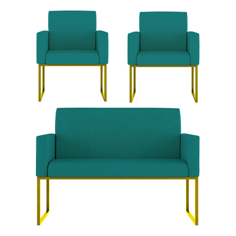 Kit Sofá 2 Lugares + 2 Poltronas Recepção Sala Base Dourada Cor:azul Turquesa