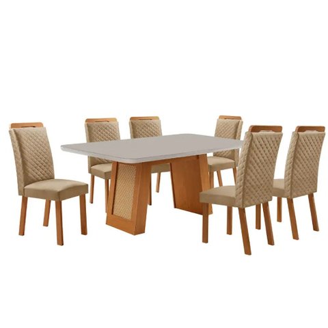 Mesa de Jantar Carolina 180cm Tampo MDF Vidro Canto Copo com 6 Cadeiras Lorena Moderna Mobília