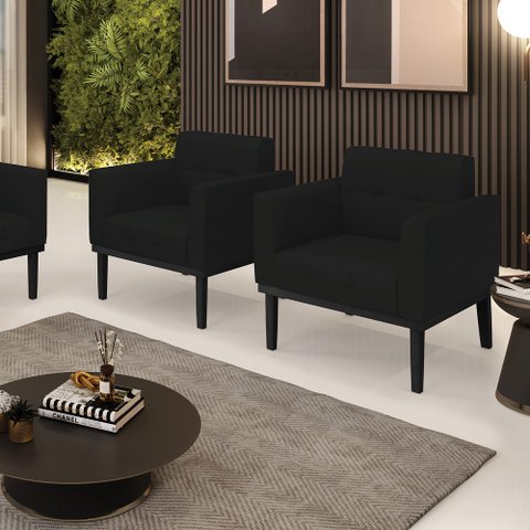 Kit 2 Poltronas Decorativas Karen Pés Fixo em Madeira Preto Linho Preto G19 - Gran Belo