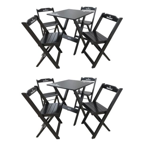 Kit 2 Conjuntos Mesa Dobrável Madeira 70x70 com 4 Cadeiras Personalizada Hei Preta - Cor: Preto