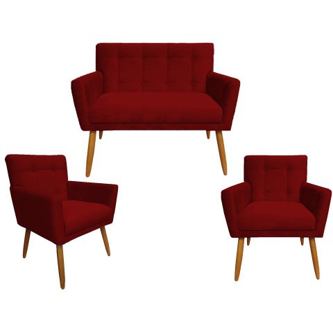 Kit Namoradeira + 2 Poltronas Decorativa Onix Suede Vermelho Pés Madeira Ms Decor