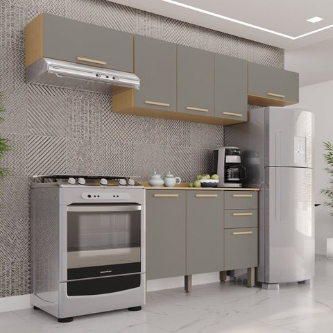 Cozinha Compacta Modulada 4 Peças 8 Portas 2 Gavetas Bella Cinza/Jequitibá/Granizo