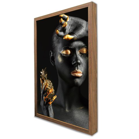 Quadro Decorativo Caixa Mulher Preto e Dourado Tacolado Moldura Caixa 3cm Madeira com Vidro 80 X 120
