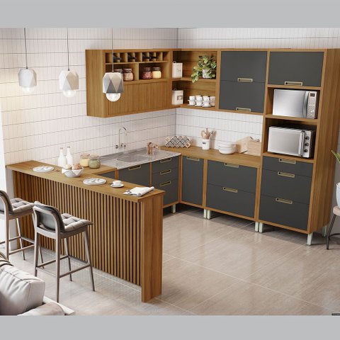 Cozinha Modulada Imperatriz Gourmet Canto 09 Peças Ripado em Mdf Nesher