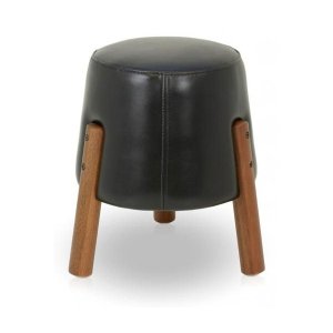 Puff com Pés em Madeira - Preto - Couro Sintético