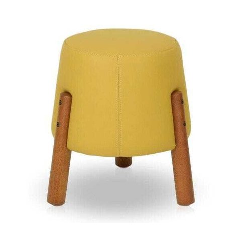 Puff com Pés em Madeira - Amarelo- Couro Sintético