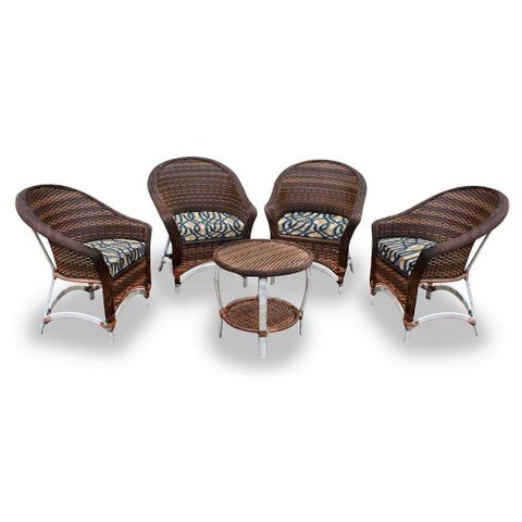 Conjunto de Poltronas Fibra Sintética Bali Alumínio - 4 Poltronas + 1 Mesa Centro - Tecido Corda Náu