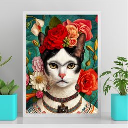 Quadro Frida Kahlo - Gatinha 45x34cm:moldura Branca - 2 Quadro Frida Kahlo - Gatinha 45x34cm:moldura Branca - 2