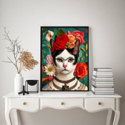 Quadro Frida Kahlo - Gatinha 45x34cm:moldura Branca - 1 Quadro Frida Kahlo - Gatinha 45x34cm:moldura Branca - 1