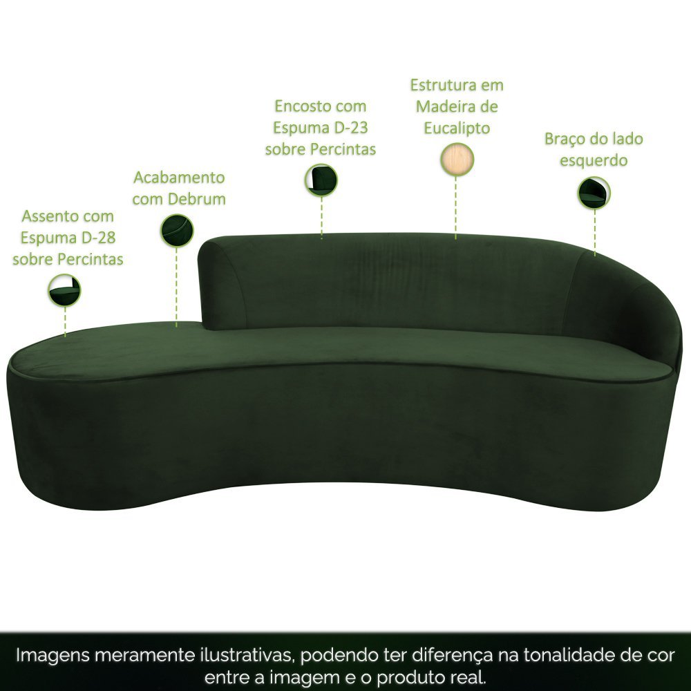 Sofá Curvo 03 Lugares 180cm Braço Esquerdo Eron Veludo Verde - CasaePoltrona - 3