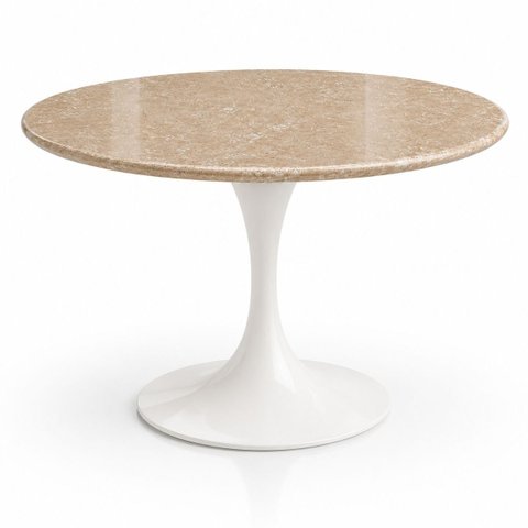 Mesa de Jantar Saarinen Redondo 140 cm Tampo Mármore Travertino Base Laca Branca