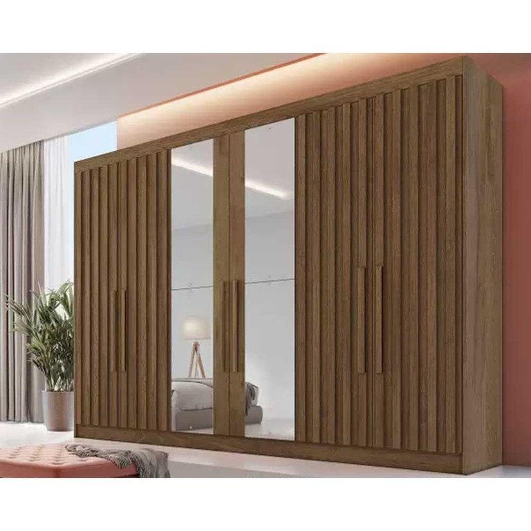 Guarda Roupa Casal 6 Portas C- 4 Ripadas e 6 Gavetas C-2 Espelhos Potente Braúna - Europa
