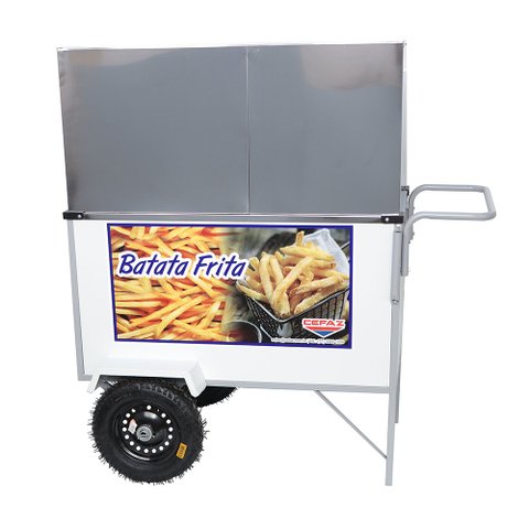 Carrinho de Batata Frita Branco com Rodas Pneumáticas e Guarda Sol