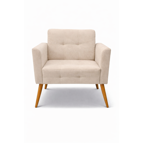 Poltrona Turin Pés Palitos em Madeira Suede Bege Premium Belufan Móveis