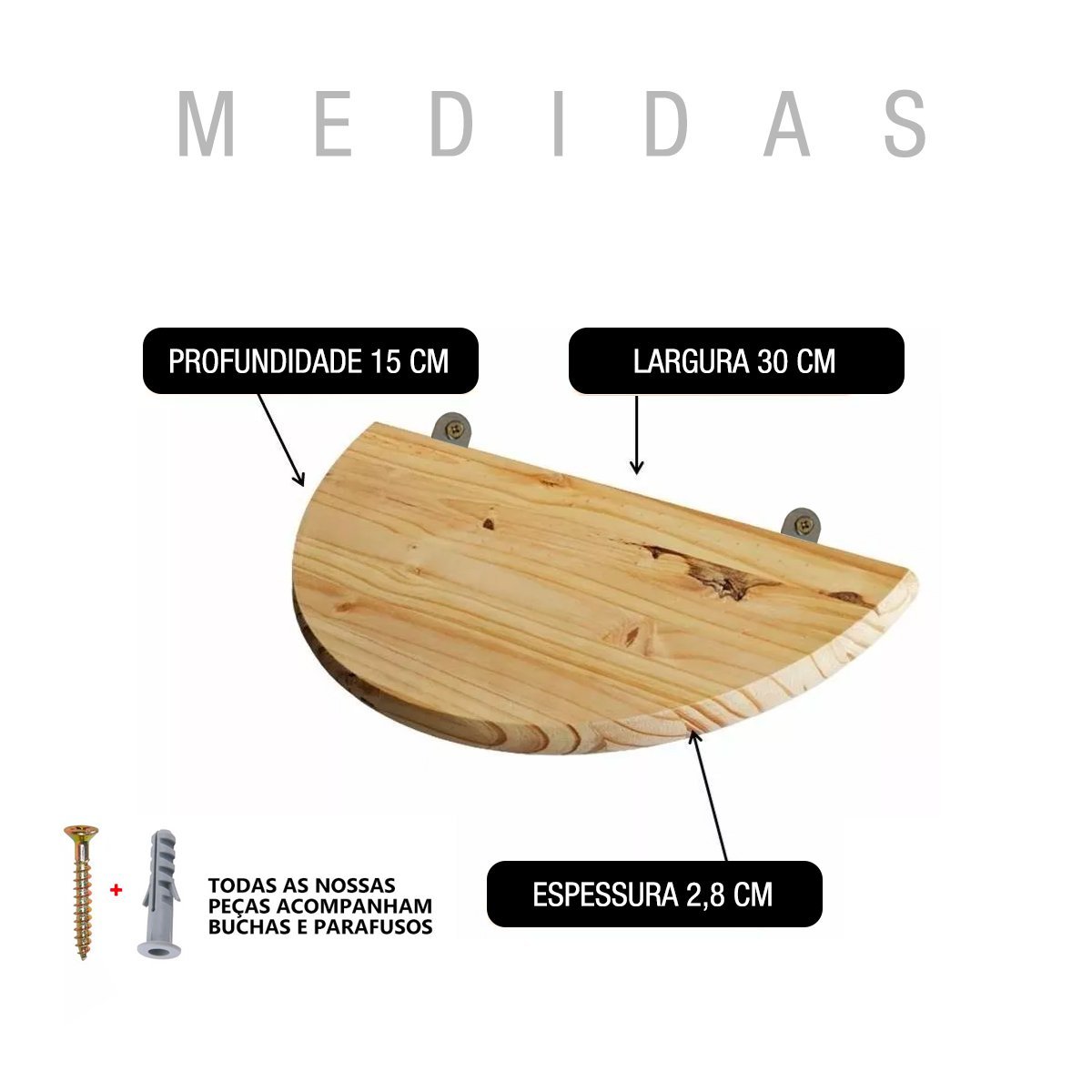 Kit 2 Prateleiras Estante Meia Lua 30 Painel Pinus + Suporte - 3