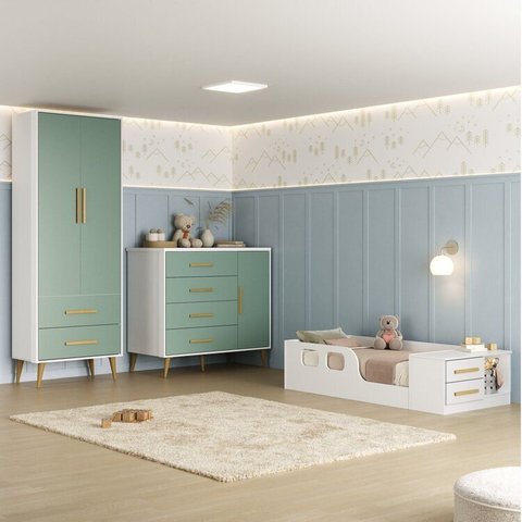 Quarto Infantil com Guarda-Roupa 2 Portas 2 Gavetas com Cômoda e Cama Magia Espresso Móveis Rosa/Bra