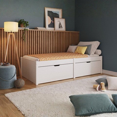 Cama Solteiro 2 Gavetas Madeira Maciça Beauty Branco/Lavado