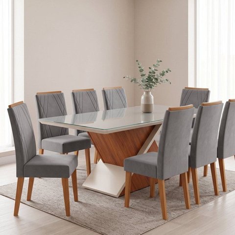 Conjunto Sala de Jantar 8 Lugares Retangular Tampo de Vidro Zafira Vegas Yescasa