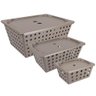 Kit 3 Cestos Organizadores P M G Caixa Organizadora Coza com Tampa Cinza Quente - 1