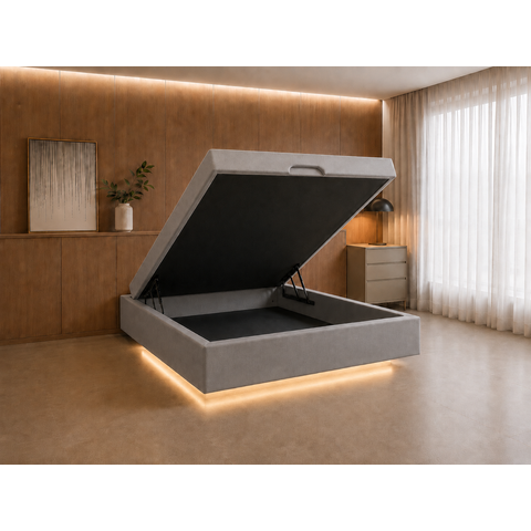 Cama Box Baú Casal Flutuante com LED, Encaixe para Colchão e Puxador Embutido:Cinza
