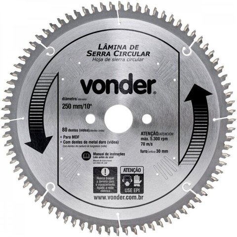 Lâmina de serra circular com dentes de metal duro/vídea 250 mm x 30 mm com 80 dentes para MDF Vonder