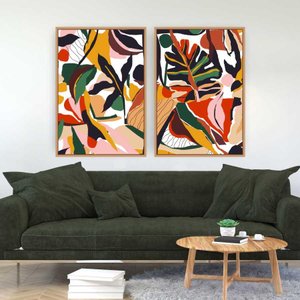 Quadro Tela Composição Arte E Folhas Moldura Bege 2X 63X42Cm