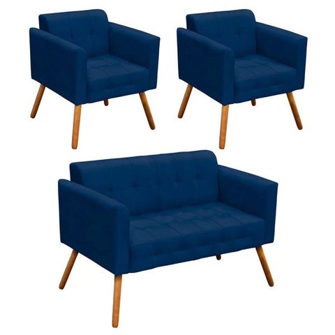 Conjunto Sofá Retrô 2 Lugares e 2 Poltronas Elisa Suede Azul Marinho - D'Rossi