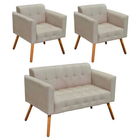 Conjunto Sofá Retrô 2 Lugares e 2 Poltronas Elisa Suede Bege - D'Rossi