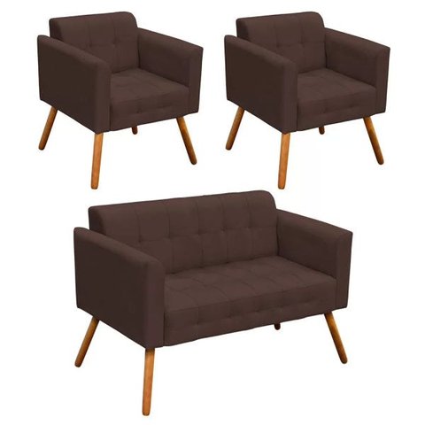 Conjunto Sofá Retrô 2 Lugares e 2 Poltronas Elisa Suede Marrom - D'Rossi