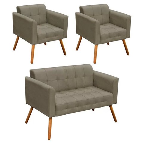 Conjunto Sofá Retrô 2 Lugares e 2 Poltronas Elisa Suede Marrom Rato - D'Rossi