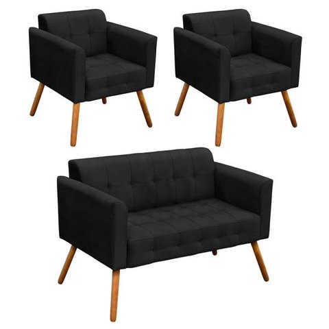 Conjunto Sofá Retrô 2 Lugares e 2 Poltronas Elisa Suede Preto - D'Rossi
