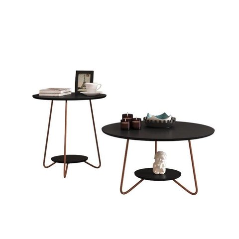 Jogo de Mesa Centro e Apoio LI Com Pés Metálicos Bordas Usinadas e Grande Estabilidade Cor Preto EJ