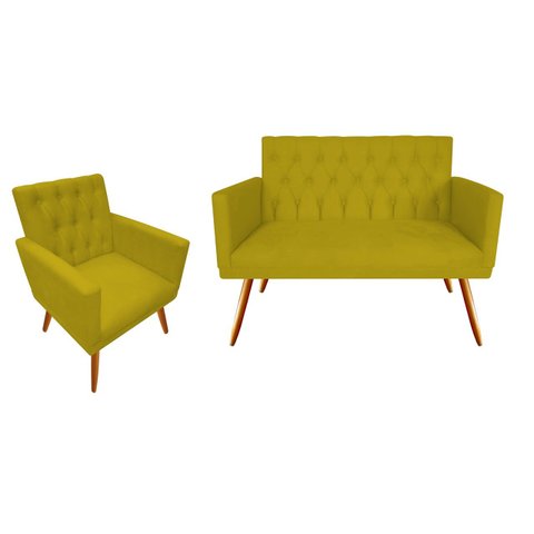 Kit Namoradeira + 1 Poltrona Decorativa Nina Capitonê Couro Amarelo Pés Madeira Mz Decor