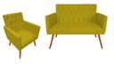 Ver imagem 1 de Kit Namoradeira + 1 Poltrona Decorativa Nina Capitonê Couro Amarelo Pés Madeira Mz Decor