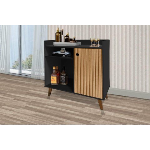 Aparador Cantinho do Café Mad Estilo Retrô com Pés em Madeira Cor Preto/ripado 3d Rm
