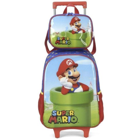 Kit Mochila Rodinha Lancheira Inantil Escolar Menino Super Mario Bros Cano Vermelho