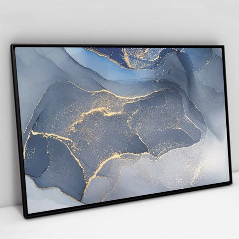 Quadro Decorativo em Canvas Abstrato Mármore Azul TaColado Moldura Flutuante 4,5cm Preta 120 x 80cm