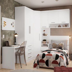 Quarto de Canto Solteiro com Guarda Roupas Cabeceira e Escrivaninha Alpes Luciane Móveis