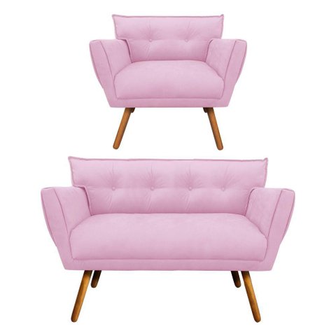 Kit 1 Namoradeira e 1 Poltrona Anitta Suede Rosa Bebê D’Rossi