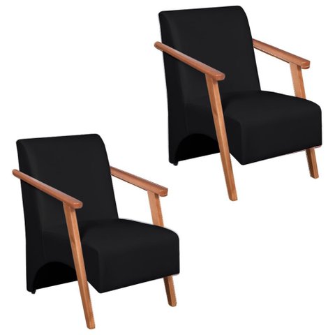 Kit 2 Poltronas Venus 1 Lugar Braço Madeira Maciça Courino Unidecor Preto